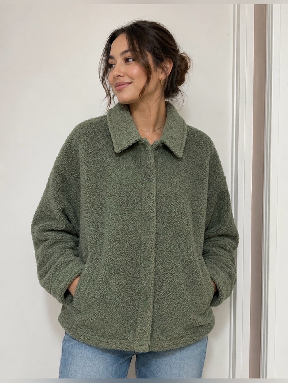 Fabletics Womens Teddy Jacket Size Small Comfy Cozy Loungewear Olive Green